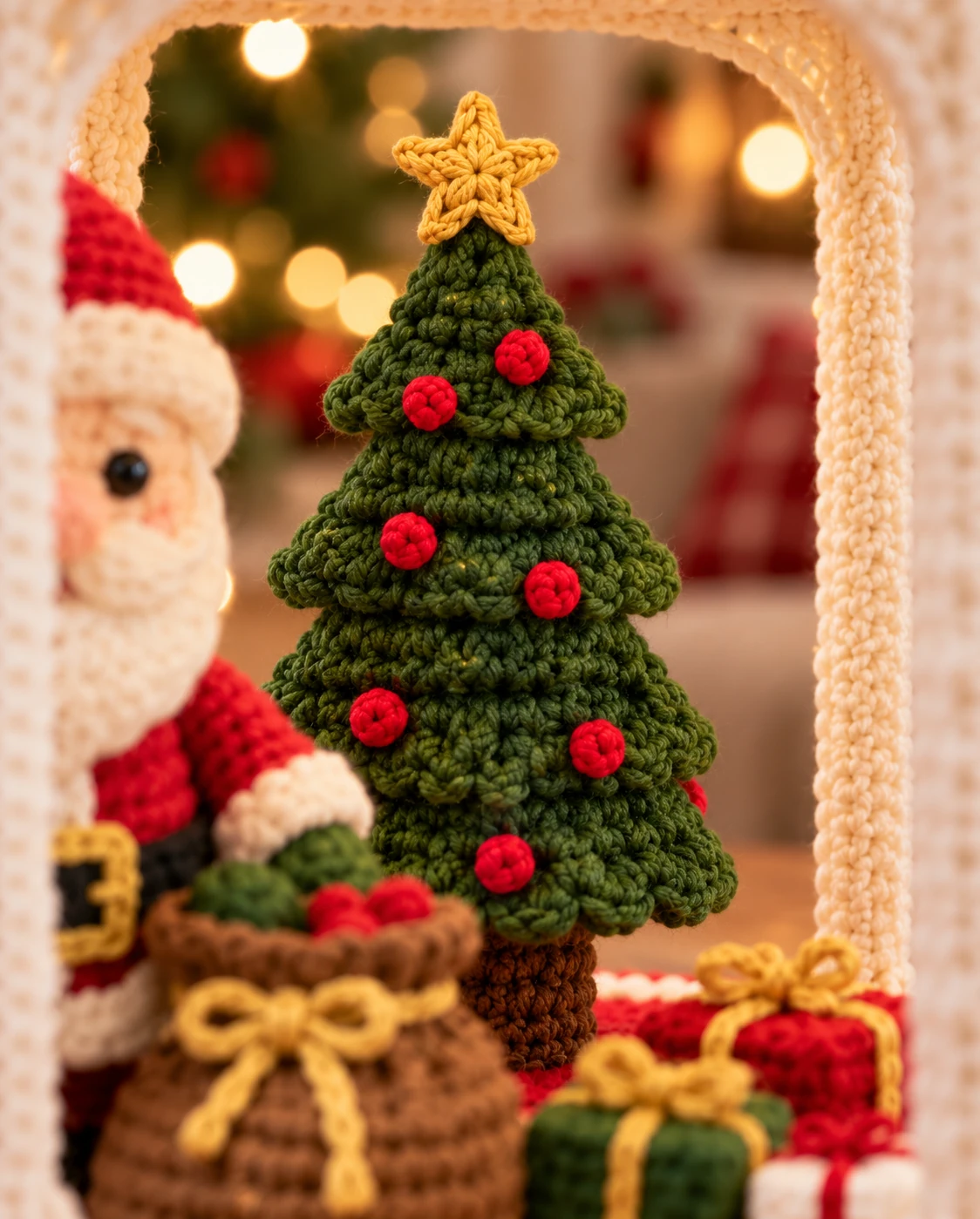 Detalhe da árvore de Natal em crochê com estrela e bolas vermelhas