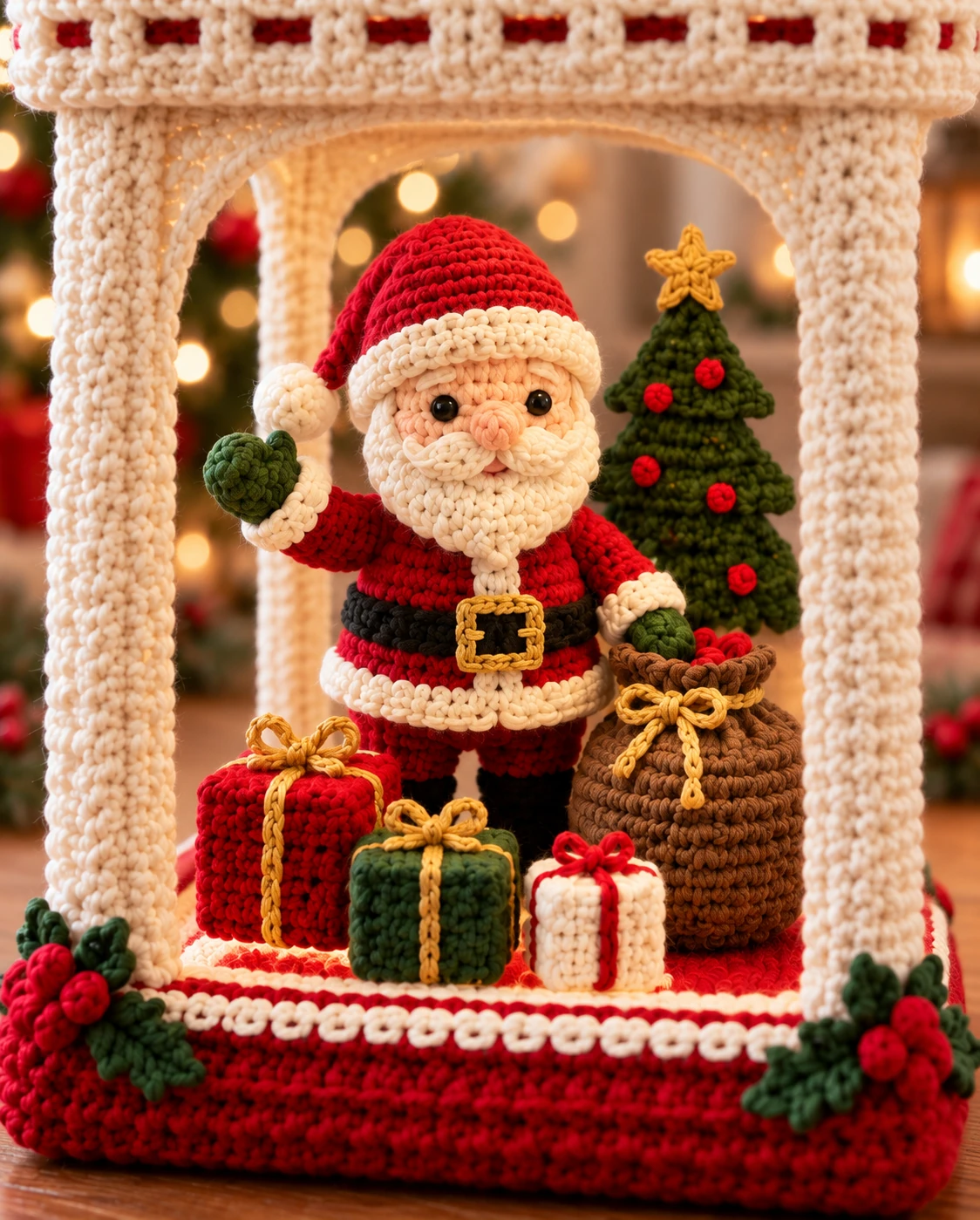Detalhe do Papai Noel, presentes e saco de brinquedos dentro da lanterna