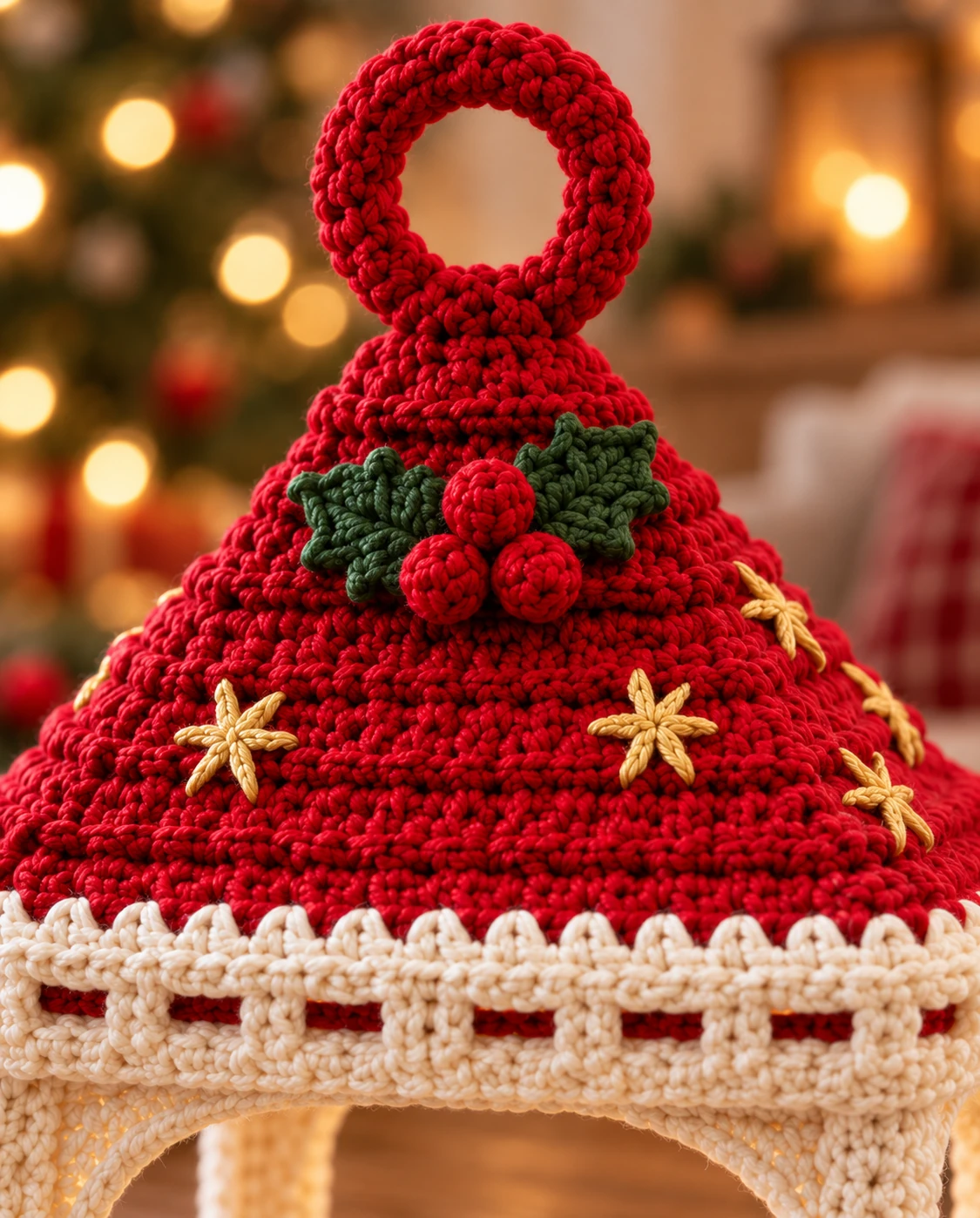 Detalhe do telhado vermelho com folhas, frutinhas e estrelas douradas
