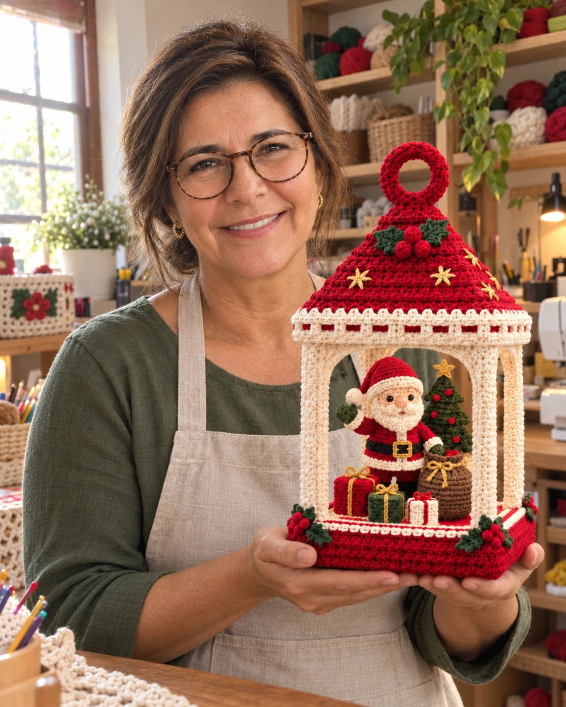 Renata Menezes segurando a Lanterna Encantada do Papai Noel pronta